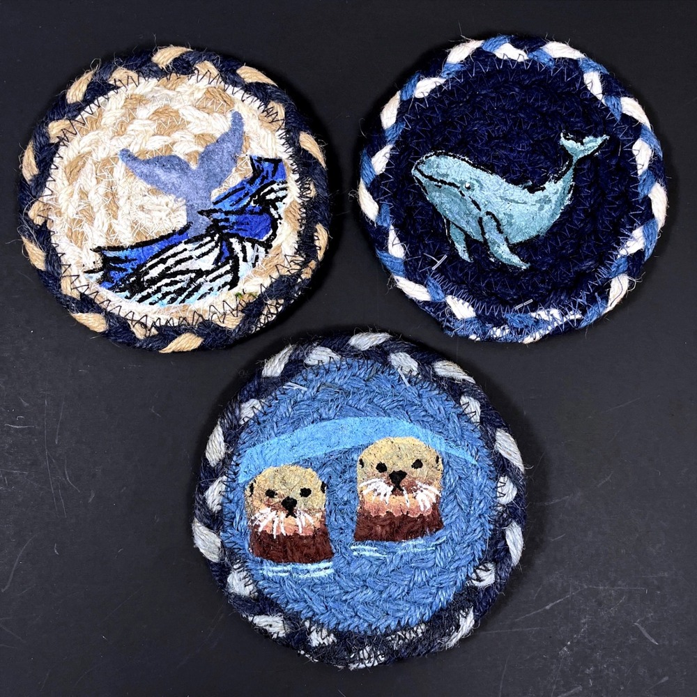 Capitol Earth Rugs Jute Coaster Set Blue Whale Otter Nautical Braided Decor NEW